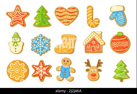 Set di illustrazioni vettoriali biscotti di pan di zenzero fatti in casa. Biscotti di diverse forme: Albero, casa, stella, calzino, renna, fiocchi di neve isolati su bianco b Illustrazione Vettoriale