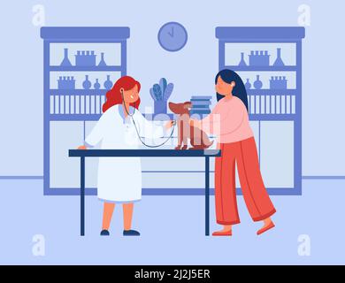 Esame PET da parte di un veterinario sorridente all'interno della clinica. Illustrazione vettoriale piatta. Dottore fumettista femminile che si prende cura del cane e del proprietario amorevole. Animale, Illustrazione Vettoriale