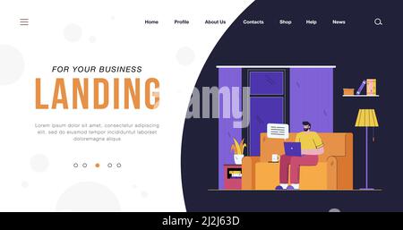 Uomo positivo seduto sul divano e lavorando su laptop flat vettoriale illustrazione. Un ragazzo portatore di cartoni animati che ha chiacchierato via computer a casa. Freelance e commu Illustrazione Vettoriale