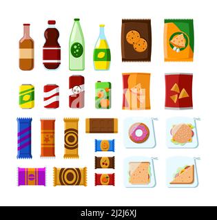 Set di illustrazioni vettoriali per distributori automatici di snack. Confezioni di plastica con sandwich, soda, bustine di patatine, barrette di cioccolato, caramelle su whit Illustrazione Vettoriale