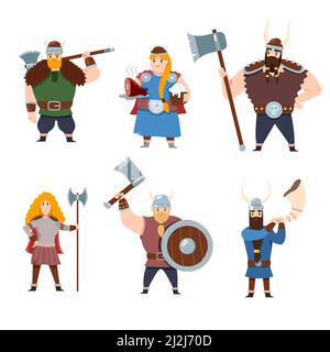 Set di personaggi mitologici scandinavi su sfondo bianco. Illustrazione del vettore cartoon. Vichinghi, uomini e donne soldati medievali con armi. No Illustrazione Vettoriale