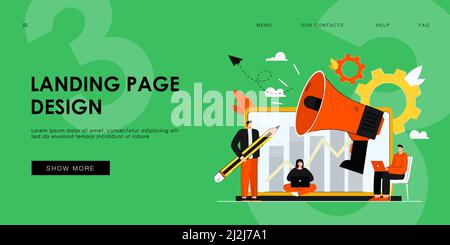 Altoparlante aziendale con altoparlante e promozione media marketing. Illustrazione del vettore cartoon. Piccoli manager con un notebook gigante e un megafono che fanno autobus Illustrazione Vettoriale