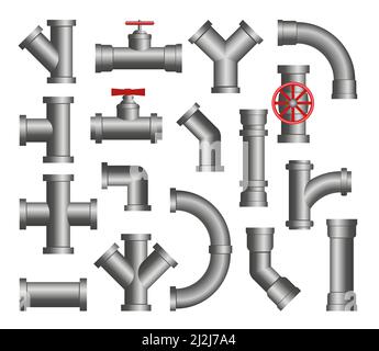 Set di illustrazioni vettoriali per tubi in acciaio. Icone isolate di collegamenti di tubazioni metalliche, valvole, flange, scarichi per l'impianto di alimentazione dell'acqua o dell'olio. Industriale Illustrazione Vettoriale