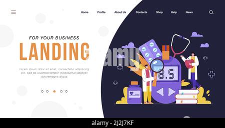 Piccoli medici che controllano il livello di glucosio nel sangue. Personaggi cartoni animati che esaminano il sangue zucchero prova di illustrazione vettoriale piatta. Diabete, salute, medicina, ipogly Illustrazione Vettoriale