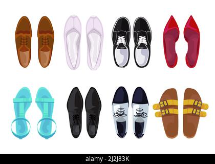 Vista dall'alto del set di illustrazioni vettoriali piatte per calzature maschio e femmina. Collezione di comode coppie di scarpe sportive e da lavoro, sneakers, décolleté rosse Illustrazione Vettoriale