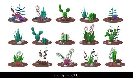 Cactuses che crescono in terra di pentole set. Illustrazioni vettoriali di piante di casa tropicale per arredamento. Collezione di cactus cartoon per gar domestico indoor Illustrazione Vettoriale