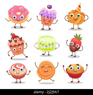 Set di personaggi carini da dessert Cartoon. Illustrazioni vettoriali di diversi cibi dolci con il viso kawaii. Divertente ciambella biscotti shortbread muffin cupcake con Illustrazione Vettoriale