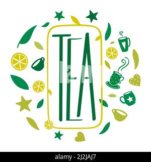 Scritta verde con teiera, foglie e limoni, illustrazione decorativa ovale vettoriale. Illustrazione Vettoriale