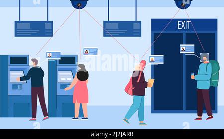 Ai fotocamera scansione volti di persone che prendono soldi da ATM. Bancomat in banca, sistema di riconoscimento facciale, avatar con dati digitali, malattia vettoriale piatta Illustrazione Vettoriale