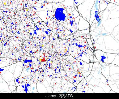 Mappa vettoriale dettagliata di Birmingham, stile britannico Mondrian. Illustrazione Vettoriale