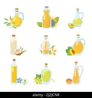 Bottiglie di vetro di olio vegetale cartoon set di illustrazione. Olive, avocado, semi di lino, sesamo, cocco, uva, girasole e olio extravergine d'oliva in j Illustrazione Vettoriale