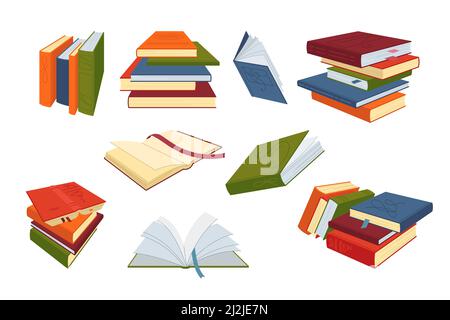 Pila di libri per il set di studi. Illustrazioni vettoriali di libri aperti e chiusi con segnalibri. Cartoon carta notebook, libro di testo, dizionario da biblioteca Illustrazione Vettoriale