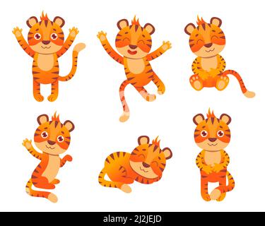 Personaggio Tiger in diverse pose vettore illustrazioni set. Simpatico personaggio divertente animaletto selvatico sorridente e ondeggiante, simbolo di 2022 sul dorso bianco Illustrazione Vettoriale