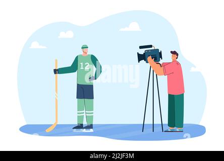 Il video operatore filma il giocatore di hockey sulla telecamera. Sportivo in posa uniforme per la macchina fotografica o che dà l'illustrazione piatta del vettore dell'intervista. Concetto sportivo per Illustrazione Vettoriale