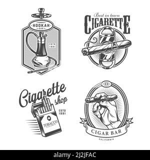 Etichette da lounge bar vintage monocromatiche con pacchetto ghigliottina per sigari hookah di sigarette isolato vettore illustrazione Illustrazione Vettoriale