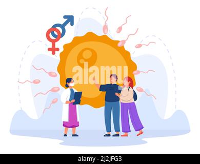 Giovane coppia in visita ginecologo flat vettore illustrazione. Uomo e donna che progettano la famiglia e le gravidanze, curando la salute. Embrione in backgroun Illustrazione Vettoriale