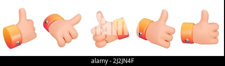 Set di cartone animato mani umane pollice in su per un buon feedback, concetto positivo. Social media come simbolo isolato su sfondo bianco. 3d rendering. Foto Stock