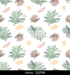 Disegno senza giunture con una sola linea di foglie di monstera e forme astratte Illustrazione Vettoriale