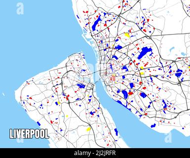 Mappa vettoriale dettagliata di Liverpool, stile britannico Mondrian. Illustrazione Vettoriale