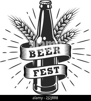 Logotipo della birreria monocromatica d'epoca con nastro di spighe di grano in bottiglia di birra iscrizioni illustrazione vettoriale isolata Illustrazione Vettoriale