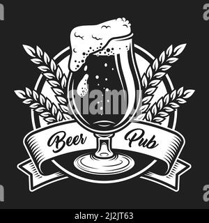 Concept del logo del festival della birra d'epoca con orecchie di grano in vetro e iscrizioni su nastro isolato illustrazione vettoriale Illustrazione Vettoriale