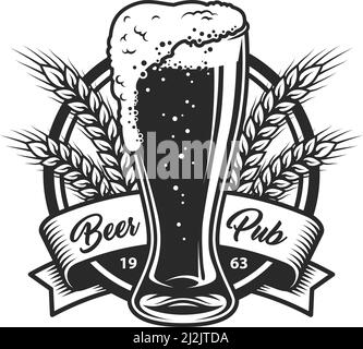 Logo della birreria monocromatica vintage con coppa completa di grano orecchie e iscrizione su nastro isolato illustrazione vettoriale Illustrazione Vettoriale