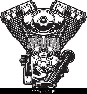 Modello di motore per motociclette vintage in un'illustrazione vettoriale isolata in stile monocromatico Illustrazione Vettoriale