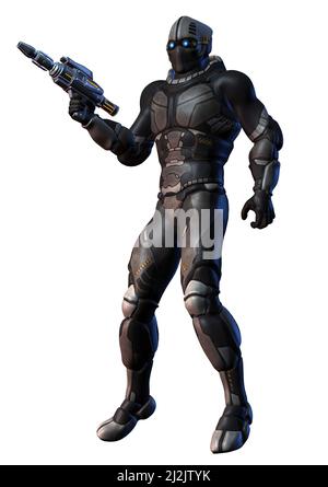 guerriero robotico alieno armato di fucile, rendering 3d su sfondo bianco Foto Stock