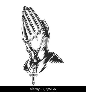 Lancette di preghiera che tengono perline di rosario in stile monocromo vintage isolato illustrazione vettoriale Illustrazione Vettoriale
