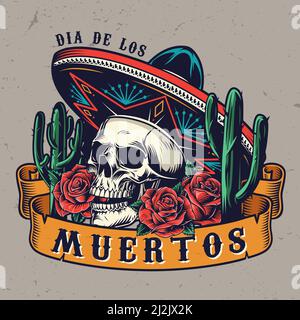 Day of the Dead vintage Concept con nastro intorno al cranio in sombrero cactus fiori di rosa isolato vettore illustrazione Illustrazione Vettoriale