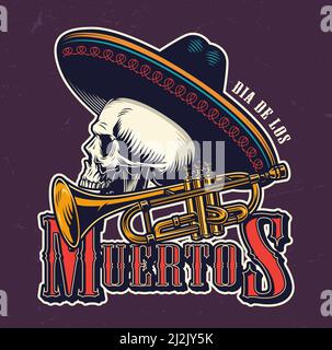 Simbolo d'annata dia De Los Muertos con tromba in ottone e. cranio in sombrero hat isolato vettore illustrazione Illustrazione Vettoriale