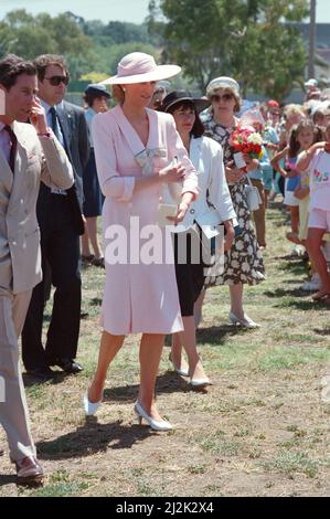 S.A.R. la Principessa Diana, la Principessa del Galles durante il suo tour in Australia nel 1988. La principessa è raffigurata al Footscray Park, a Melbourne, Victoria, indossando un abito progettato da Catherine Walker. Foto scattata il 27th gennaio 1988 Foto Stock