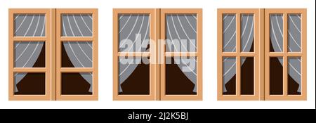 Set vettoriale di finestre in legno d'epoca con tende, isolate su sfondo bianco. Illustrazione Vettoriale