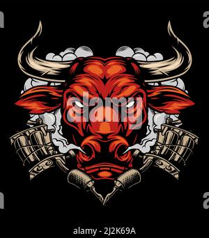 Colorato tatuaggio con crudele testa rossa in fumo macchine per nuvole e tatuaggio in un'illustrazione vettoriale isolata in stile vintage Illustrazione Vettoriale