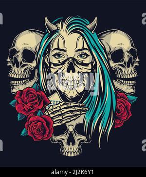 Colorato tatuaggio vintage modello con cornetto ragazza in maschera spooky rose rosse e colpi di mano scheletro cranio su sfondo scuro illustra vettore isolato Illustrazione Vettoriale