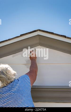 Vecchia signora con capelli bianchi che dipingono una casa esterna vicino al tetto con vernice e spazzola. Foto Stock