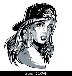 Bella ragazza d'epoca in cappello da baseball con orecchini a cerchio illustrazione vettoriale isolata in stile monocromatico Illustrazione Vettoriale