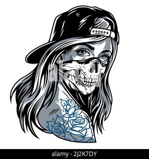 Gangster ragazza chicano d'epoca con cappello da baseball e cranio maschera immagine vettoriale isolata Illustrazione Vettoriale