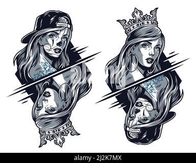 Chicano ragazze che indossano corona e cappello da baseball nella norma e. viste riflesse in un'illustrazione vettoriale isolata in stile vintage Illustrazione Vettoriale