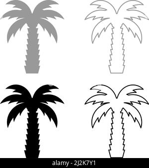 Palm tree tropicale cocco set icona grigio nero colore vettore immagine semplice riempimento solido contorno linea sottile stile piatto Illustrazione Vettoriale