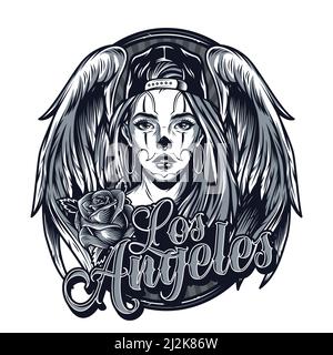 Modello tatuaggio chicano vintage monocromatico con bella ragazza che indossa il baseball Cappellotto angelo ali rosa fiore e Los Angeles iscrizione isolato vecto Illustrazione Vettoriale