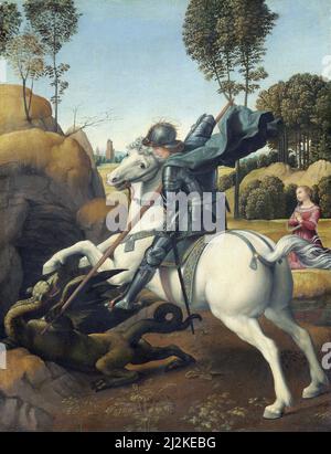 Arte antica dell'artista italiano Raffaello - San Giorgio e il Drago (c.. 1506). Arte ad alto rinascimento di Raffaello Sanzio da Urbino 1483 - 1520. Foto Stock