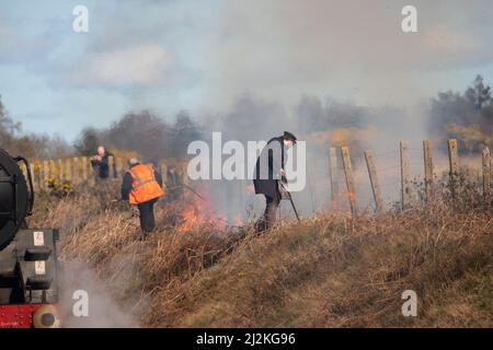 Weybourne, Regno Unito – Aprile 2nd 2022: Fuoco di terrapieno a Kelling Heath durante l'evento di gala di primavera sul North Norfolk Poppy Line Credit: Richard o'Donoghue/Alamy Live News Foto Stock