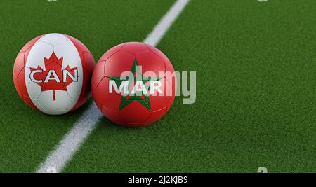 Partita di calcio Marocco vs Canada - palline di calcio in Marocco e Canada colori nazionali. 3D rendering Foto Stock