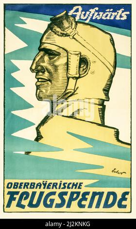 Un poster pubblicitario tedesco dei primi 20th anni della prima guerra mondiale, 1914-1918, che mostra il profilo di un pilota tedesco. Testo: In poi, Fondo per l'aviazione dell'alta Baviera. L'artista fu Fritz Erler, 1868-1940. Foto Stock