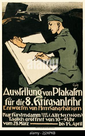 Un poster pubblicitario tedesco dei primi 20th anni della prima guerra mondiale del 1914-1918 che mostra un soldato che attingono su una tela mentre si siede in una trincea. Testo annuncia una mostra di poster disegnati dai soldati per il prestito della Guerra del 8th. L'artista era Paul Haase. Foto Stock