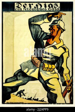 Un poster pubblicitario tedesco dei primi anni del 20th della prima guerra mondiale, 1914-19181914-1918, che mostra un soldato tedesco che punta la strada ad altri che si profilano sullo sfondo come se emergesse da una trincea. Poster è la pubblicità per un popolare gioco di Heinrich Gilardone. L'artista era Christan Bärmann. Foto Stock