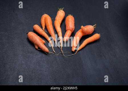 carota, arancio naturale brutto organico numerose carota su fondo nero isolato da vicino Foto Stock