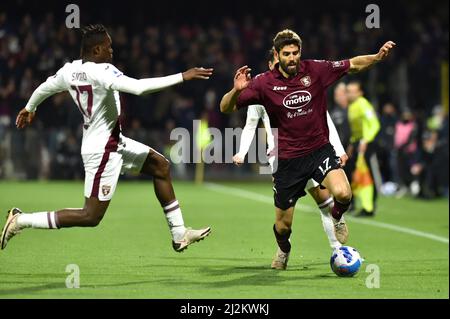 SALERNO, ITALIA - APRILE 2: Federico Fazio degli Stati Uniti Salernitana durante la Serie Italiana A match tra US Salernitana e Torino FC allo Stadio Arechi il 2 Aprile 2022 a Salerno, Italia (Foto di Ciro Santangelo/Orange Pictures) Foto Stock