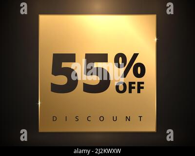 55 di sconto sul banner. Offerta speciale sconto del 55%. Offerta di sconto. Banner promozionale di lusso cinquanta cinque per cento di sconto in piazza d'oro Illustrazione Vettoriale